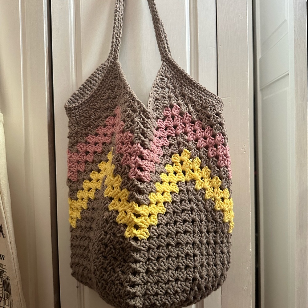 Handcrafted Crochet Tote Bag - grey, Pink, and Yellow